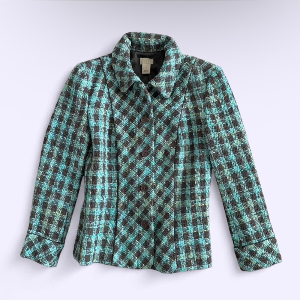 Vintage Y2K Silk Blend Tweed Jacket Sigrid Olsen Blue Preppy Soft Coquette